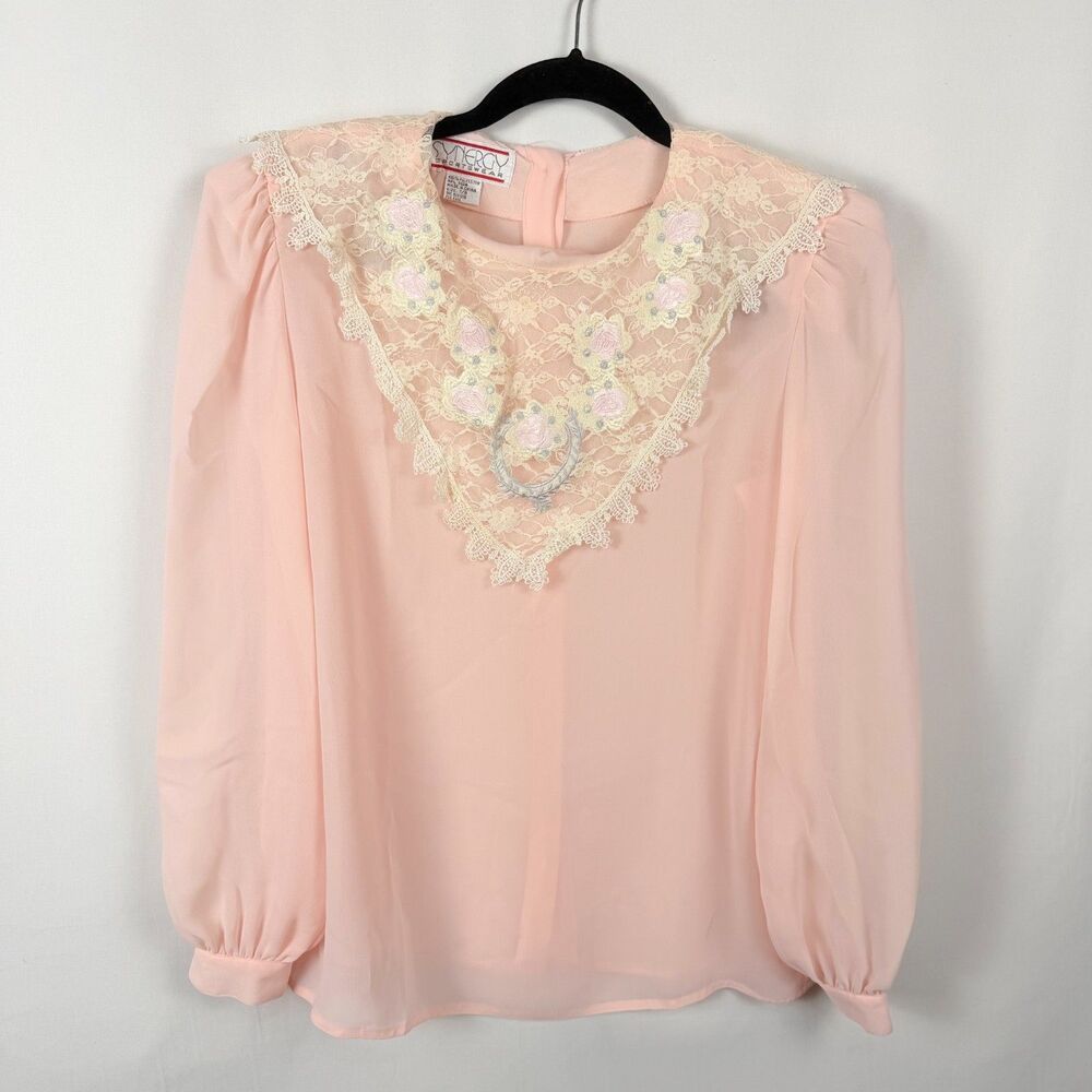 Vintage Peach/Lace Trim Back Button Women's Blouse 7/8